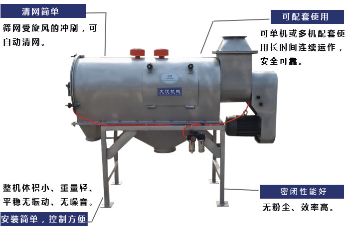 氣旋篩工作原理：篩網(wǎng)受旋風(fēng)的沖刷，可自動(dòng)清網(wǎng)，單機(jī)或多機(jī)配套使用長(zhǎng)時(shí)間連續(xù)運(yùn)作，安全可靠。