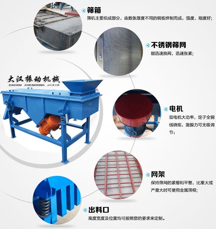 525型直線振動篩結構細節(jié)：篩箱：篩機主要組成部分，由數(shù)張厚度不同的鋼板焊制而成，強度，剛度好。不銹鋼篩網(wǎng)：能速換網(wǎng)，迅速張緊。電機：雙電機大功率，定子全銅線繞組，激振力可無級調節(jié)。網(wǎng)架：保持篩網(wǎng)的緊繃和平整，比重大或產量大時可使用金屬篩框。出料口：高度寬度及位置均可按照您的要求定制。