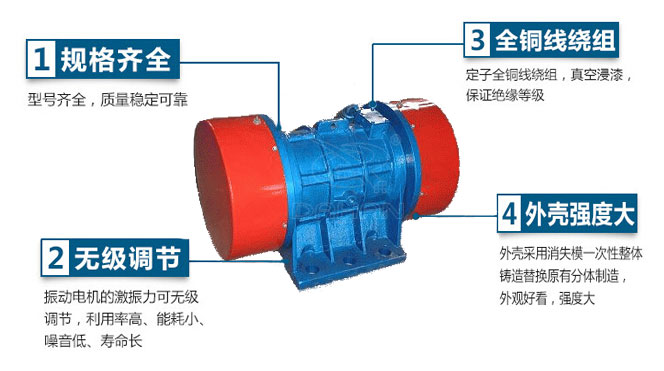 VB振動(dòng)電機(jī)特點(diǎn)：1，規(guī)格齊全：型號(hào)齊全，質(zhì)量穩(wěn)定可靠。2，無極調(diào)節(jié)：振動(dòng)電機(jī)的激振力可無極調(diào)節(jié)，利用率高，能耗小，噪音低，壽命長(zhǎng)。4，外殼輕度大：外殼采用消失模一次性整體鑄造替換原有分體制造，外觀好看，強(qiáng)度大。