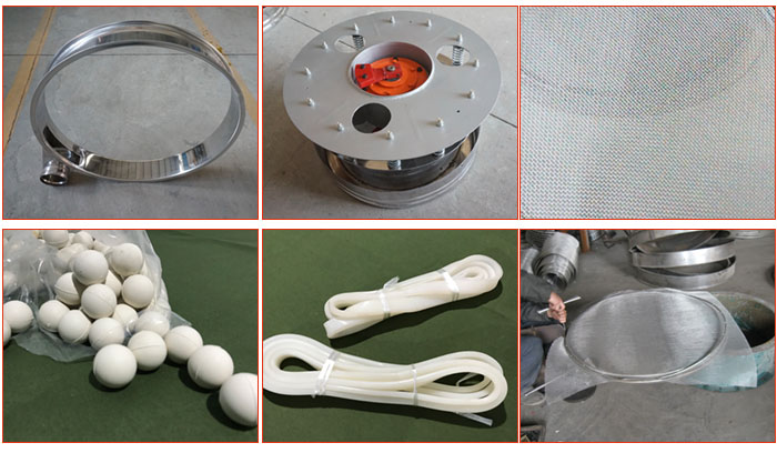 800型全不銹鋼振動篩配件有：振動篩篩框，電機(jī)，不銹鋼篩網(wǎng)等。