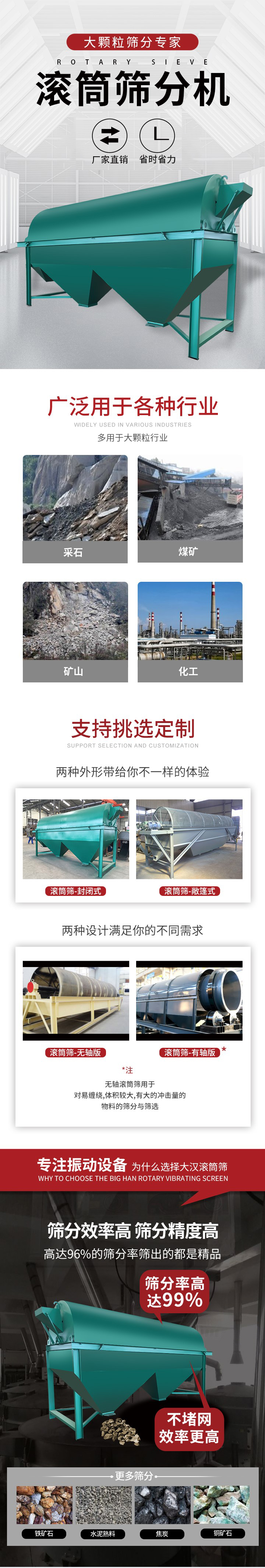 滾筒篩分機大顆粒篩分專家：廠家直銷，省時省力。滾筒篩被廣泛應(yīng)用各種行業(yè)：多用于大顆粒行業(yè)例如：采石，煤礦，礦山，化工等。滾筒篩定制類型有哪些：封閉式與敞篷式產(chǎn)品結(jié)構(gòu)分為：無軸式，有軸式兩種，無軸滾筒篩用于對纏繞，體積較大，有大的沖擊量的物料的篩分與篩選。滾筒篩篩分效率高篩分精度能夠達到：96%也比較適用于鐵礦石，水泥熟料，焦炭，銅礦石。滾筒篩特點：不飛粉末：密封隔離罩，密封性好，工作過程不會出現(xiàn)飛粉現(xiàn)象。外型尺寸是按筒體長計