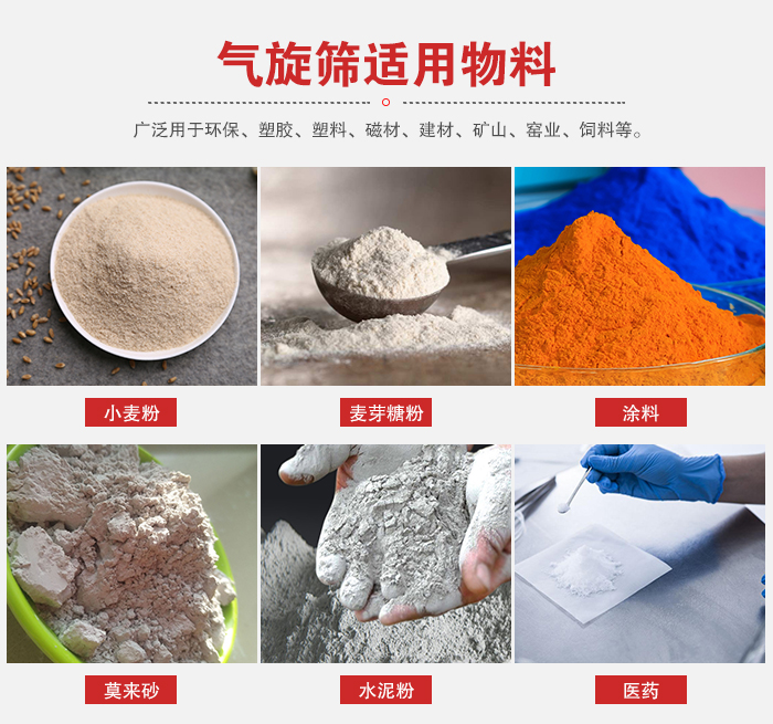 氣旋篩適用物料：小麥粉，麥芽糖粉，涂料，等粉狀物料。